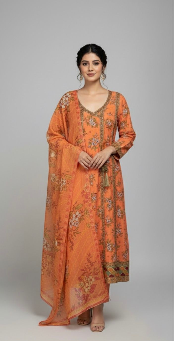 Bright Orange Embroidered Lawn 3Pc Frock Suit with Printed Dupatta & Loose Fit Trouser - Silk Rang
