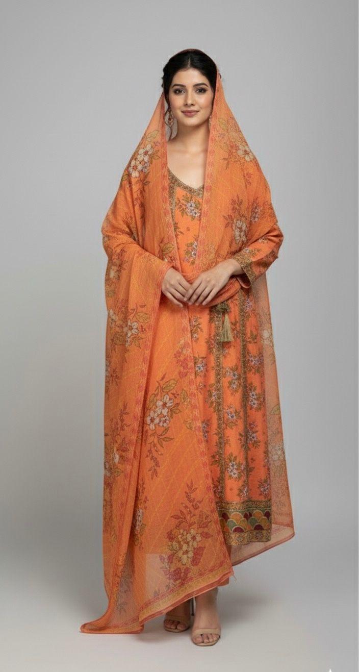 Bright Orange Embroidered Lawn 3Pc Frock Suit with Printed Dupatta & Loose Fit Trouser - Silk Rang