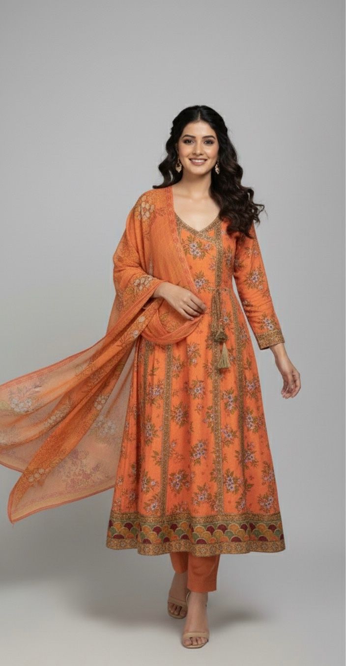 Bright Orange Embroidered Lawn 3Pc Frock Suit with Printed Dupatta & Loose Fit Trouser - Silk Rang