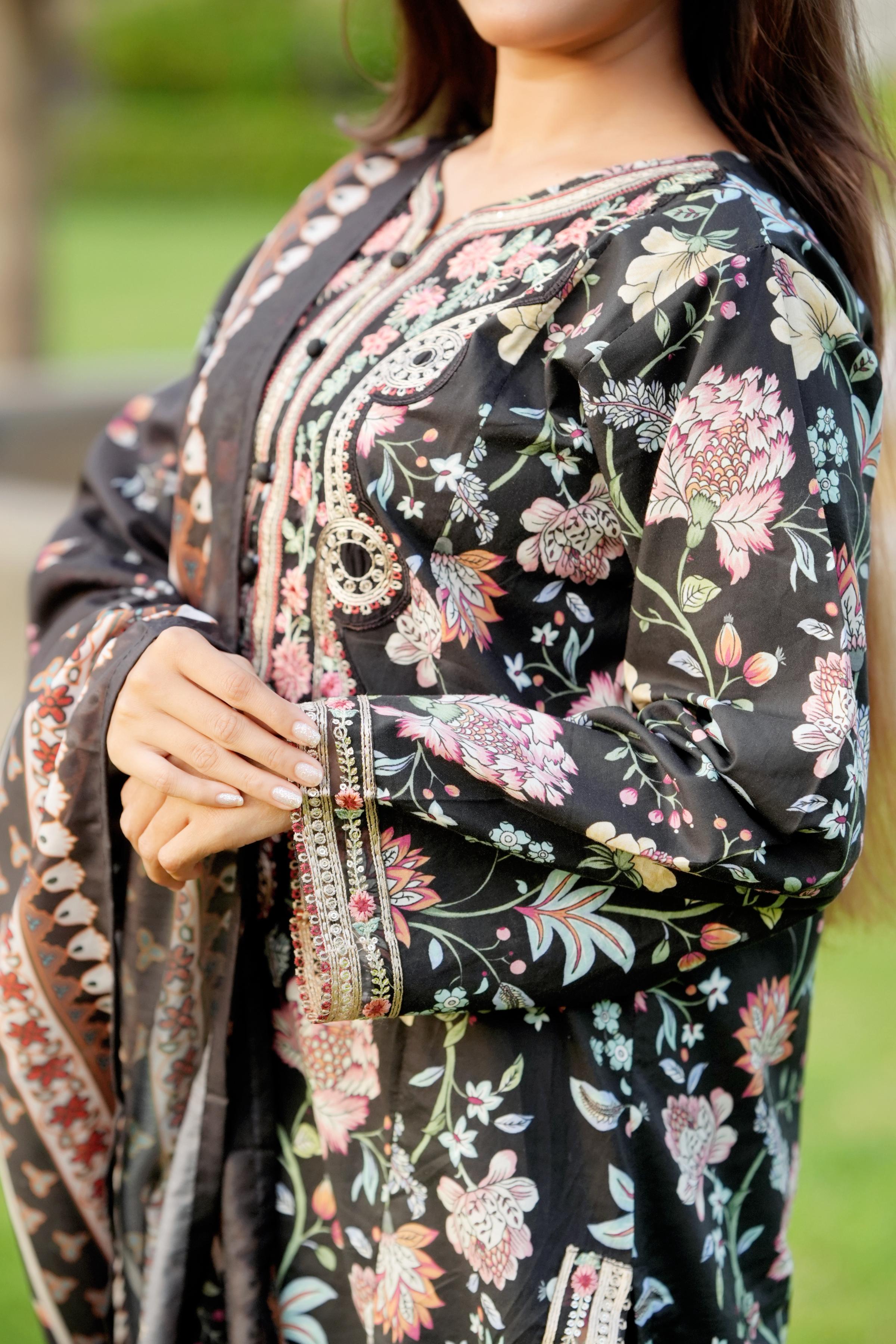 Black Khaddar 3Pc Suit with Embroidered Shirt, Straight Fit Trouser & Manaar Dupatta - Silk Rang