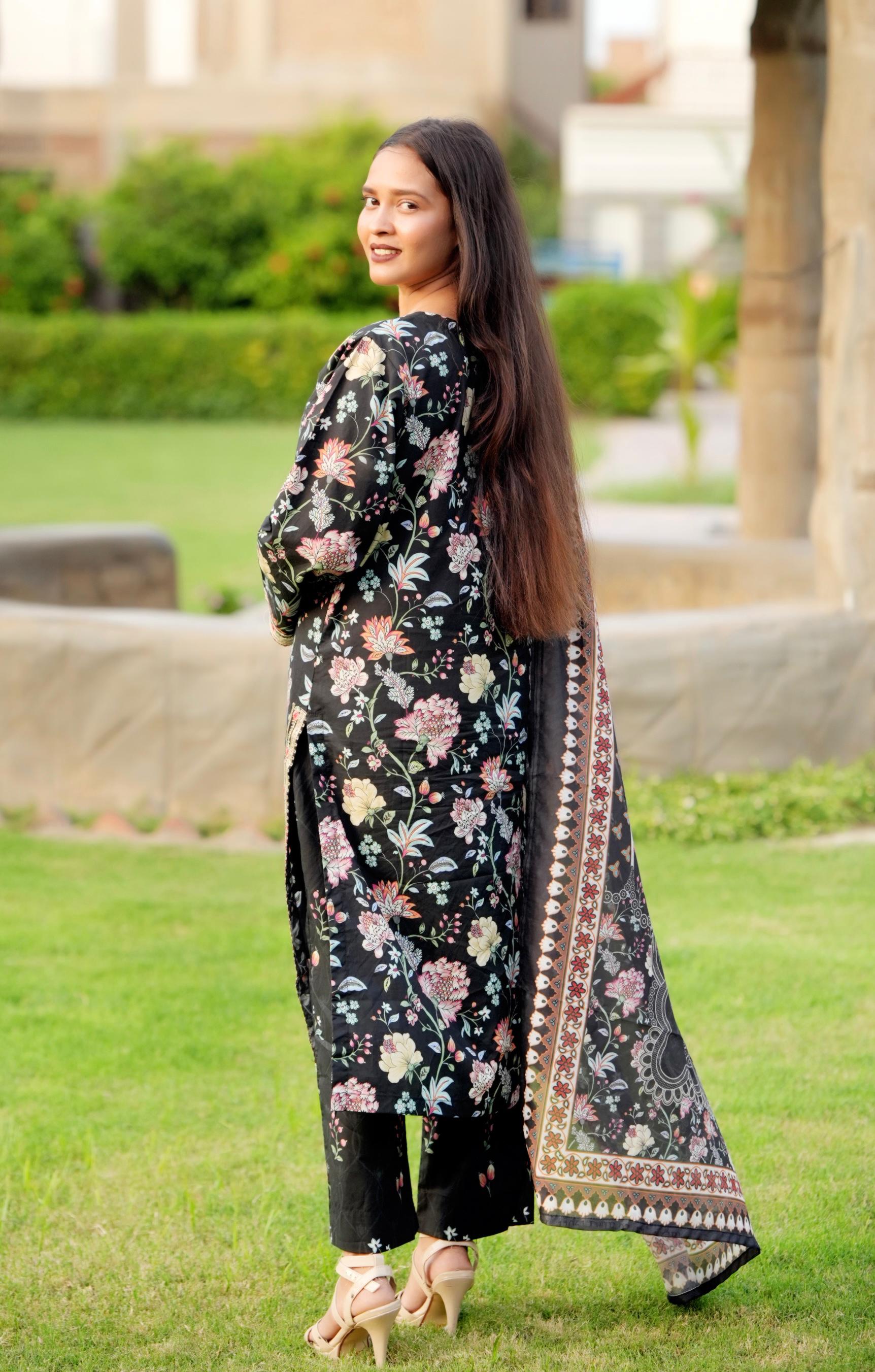 Black Khaddar 3Pc Suit with Embroidered Shirt, Straight Fit Trouser & Manaar Dupatta - Silk Rang
