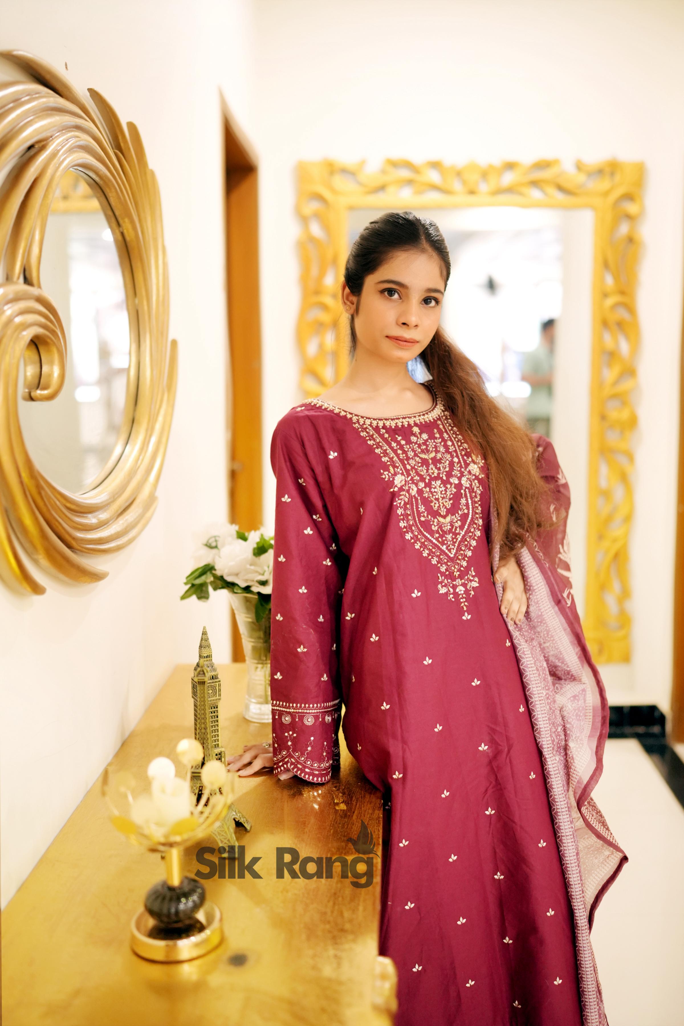 Premium Maroon Winter Cotton 3Pc Suit with Embroidered Shirt, Palazzo & Soft Manaar Dupatta - Silk Rang