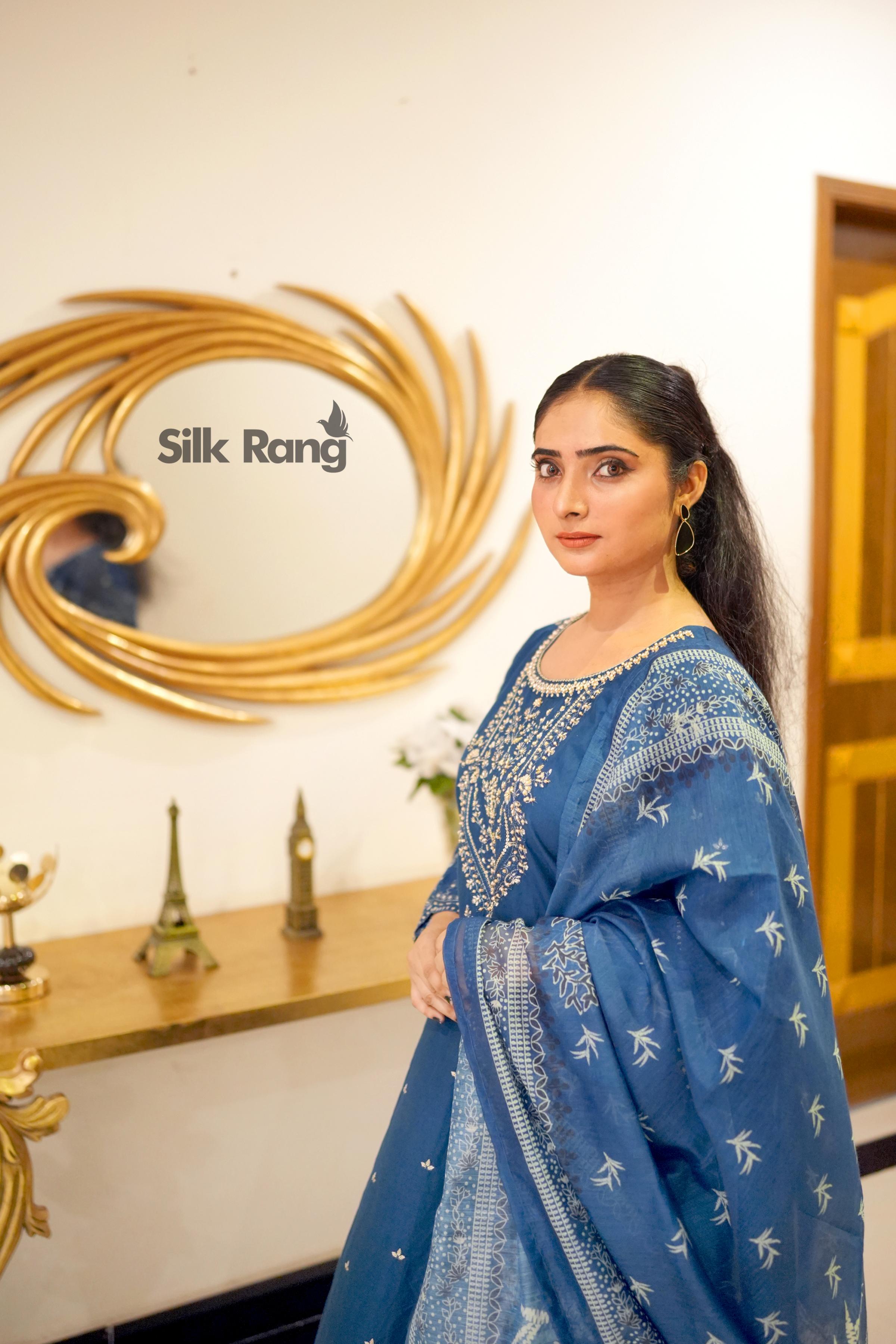 Royal Blue Embroidered Cotton 3Pc with Dyed Palazzo Style Trouser & Printed Monaar Dupatta - Silk Rang