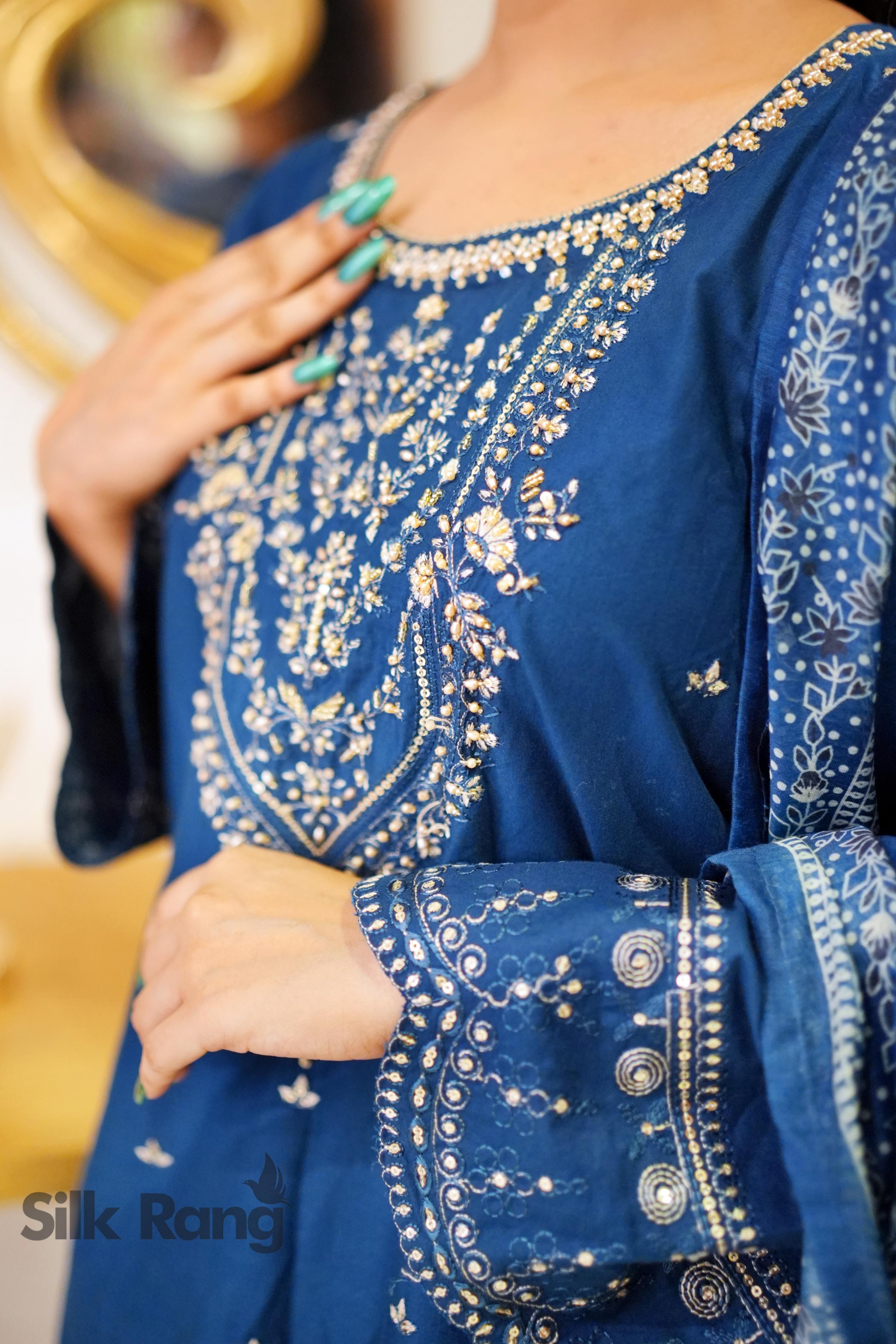 Royal Blue Embroidered Cotton 3Pc with Dyed Palazzo Style Trouser & Printed Monaar Dupatta - Silk Rang