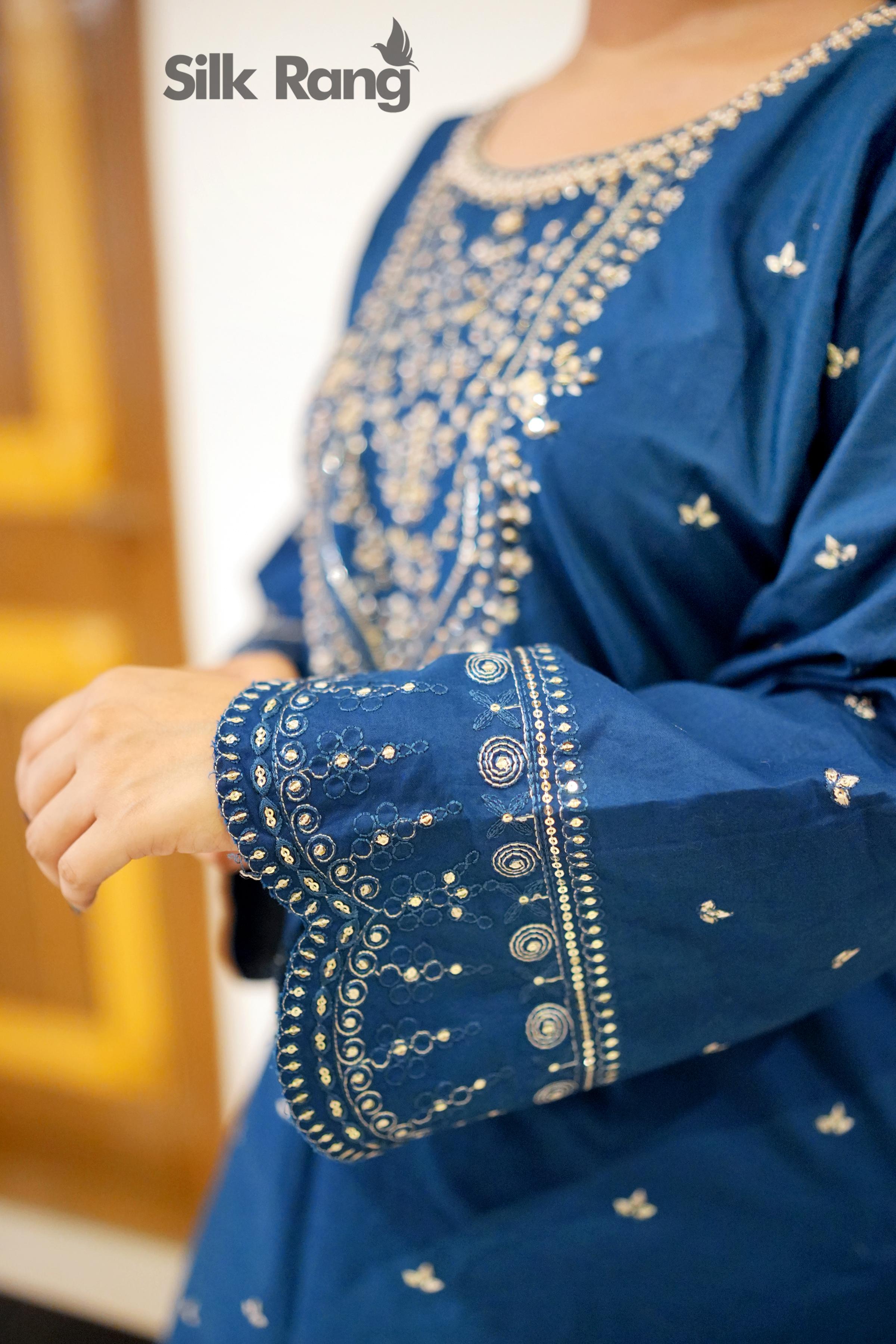Royal Blue Embroidered Cotton 3Pc with Dyed Palazzo Style Trouser & Printed Monaar Dupatta - Silk Rang
