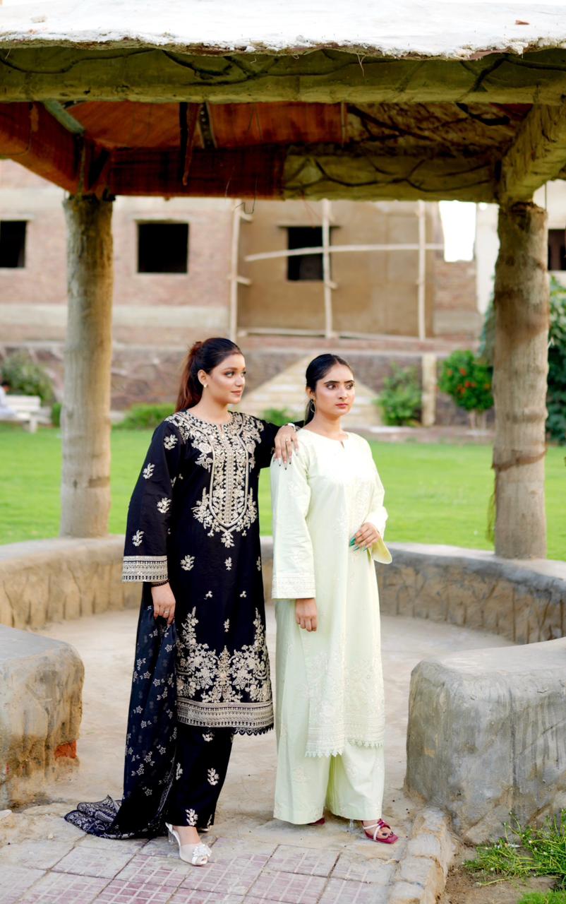 Pastel Green Embroidered 3Pc Cambric Suit with Loose Fit Palazzo Trouser & Soft Manaar Dupatta - Silk Rang