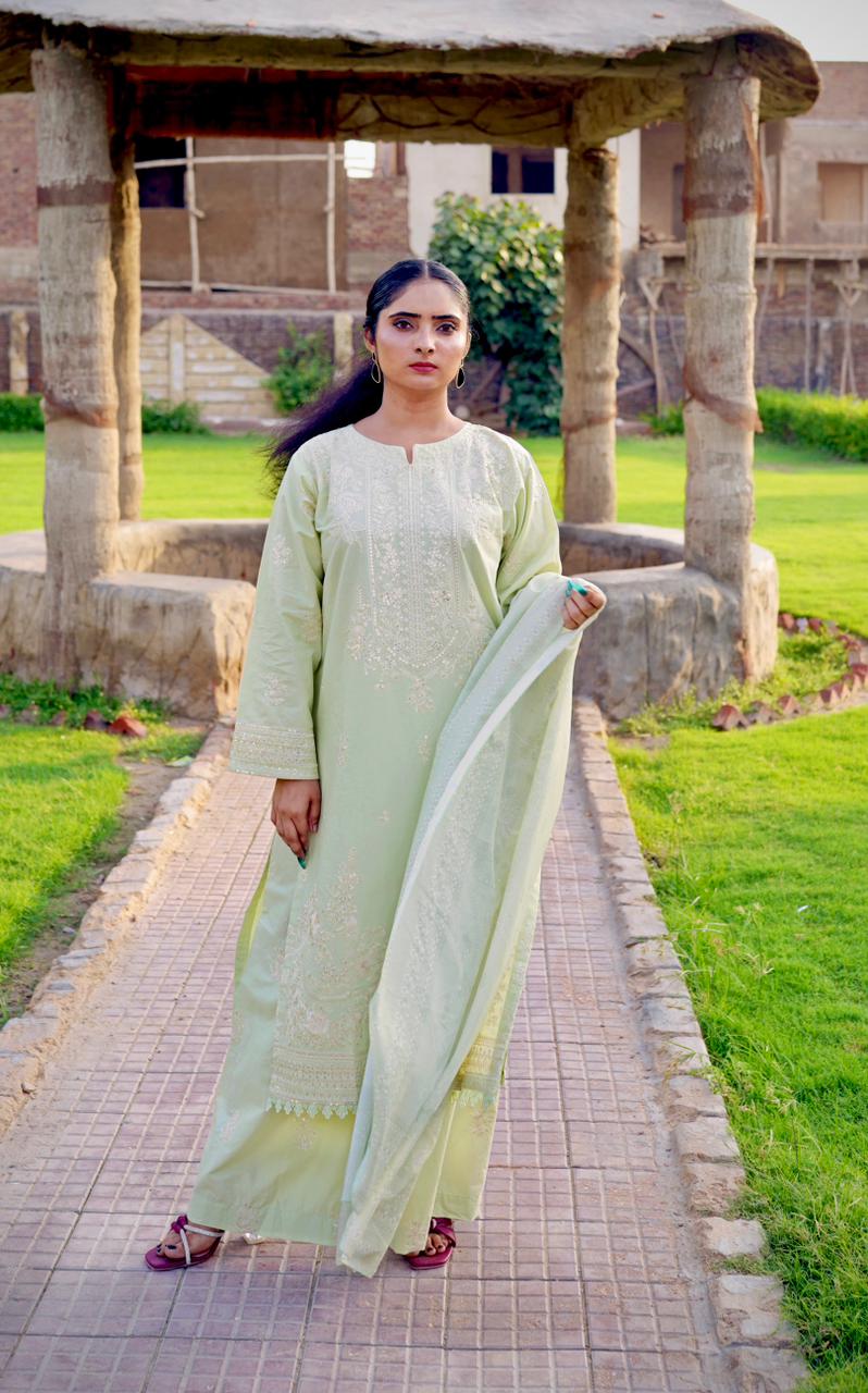 Pastel Green Embroidered 3Pc Cambric Suit with Loose Fit Palazzo Trouser & Soft Manaar Dupatta - Silk Rang