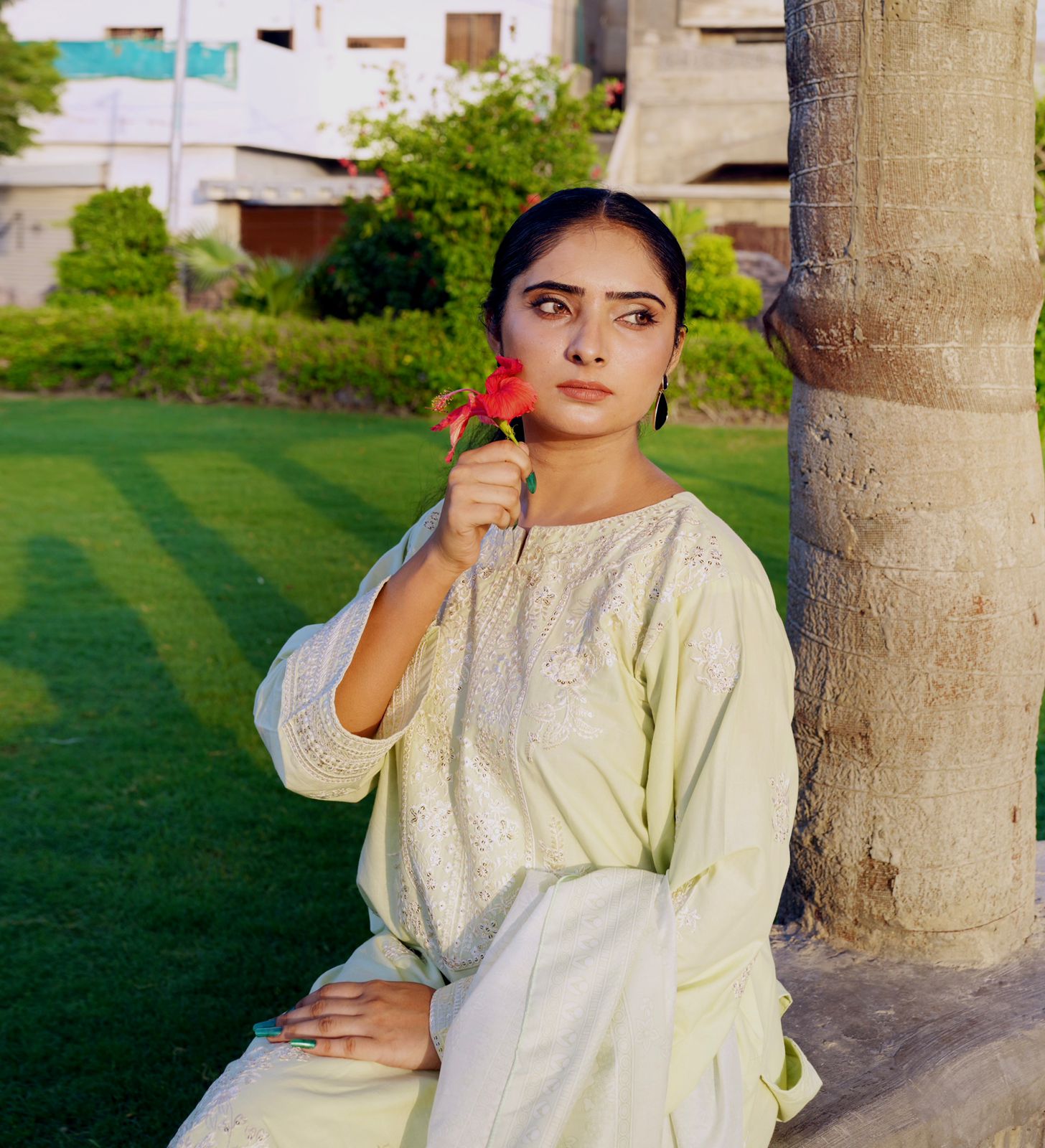 Pastel Green Embroidered 3Pc Cambric Suit with Loose Fit Palazzo Trouser & Soft Manaar Dupatta - Silk Rang