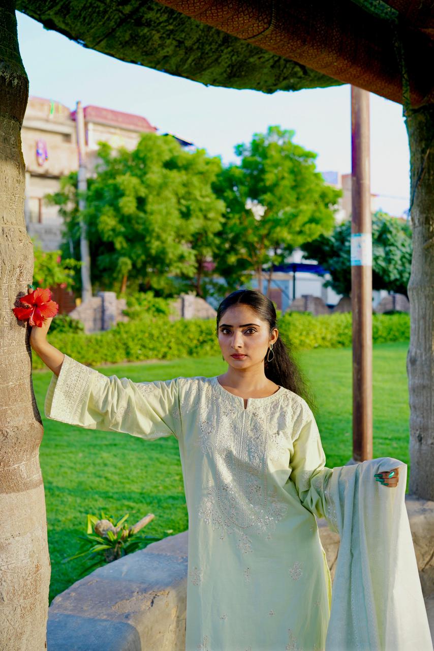 Pastel Green Embroidered 3Pc Cambric Suit with Loose Fit Palazzo Trouser & Soft Manaar Dupatta - Silk Rang