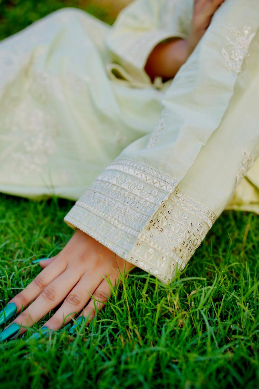 Pastel Green Embroidered 3Pc Cambric Suit with Loose Fit Palazzo Trouser & Soft Manaar Dupatta - Silk Rang