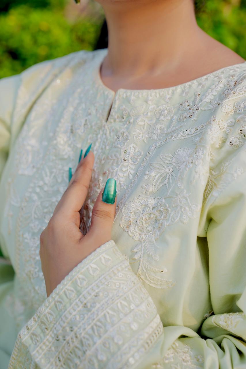 Pastel Green Embroidered 3Pc Cambric Suit with Loose Fit Palazzo Trouser & Soft Manaar Dupatta - Silk Rang