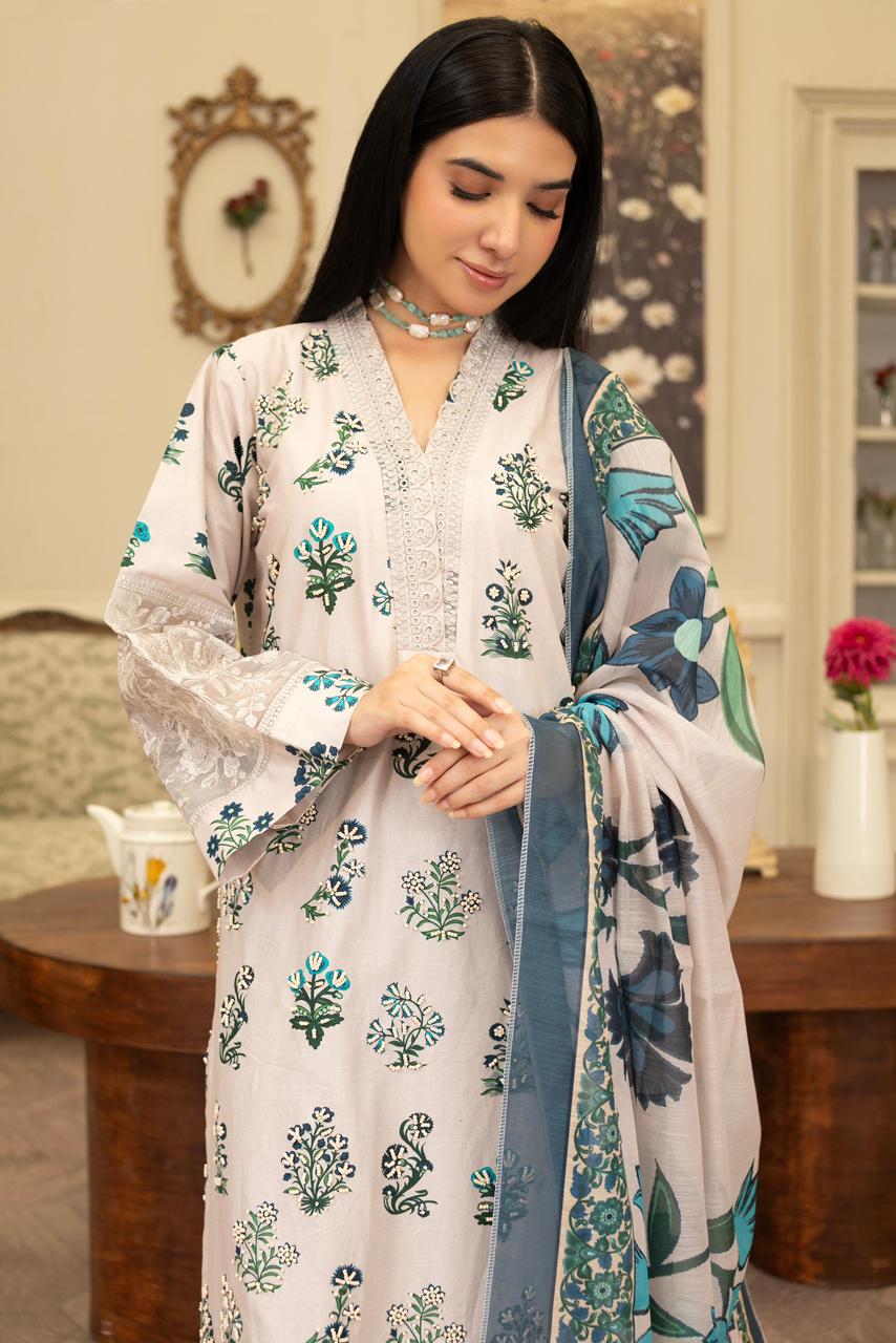 White Embroidered Khaddar 3Pc with Loose Fit Trouser & Manaar Printed Dupatta - Silk Rang