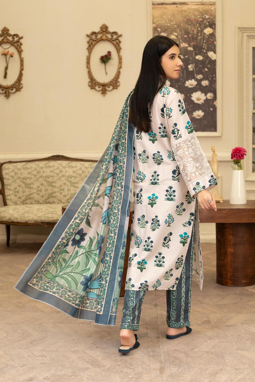 White Embroidered Khaddar 3Pc with Loose Fit Trouser & Manaar Printed Dupatta - Silk Rang