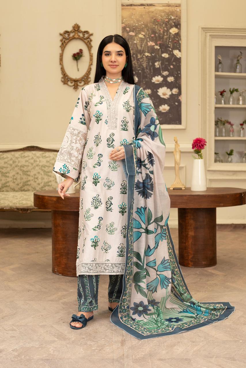 White Embroidered Khaddar 3Pc with Loose Fit Trouser & Manaar Printed Dupatta - Silk Rang