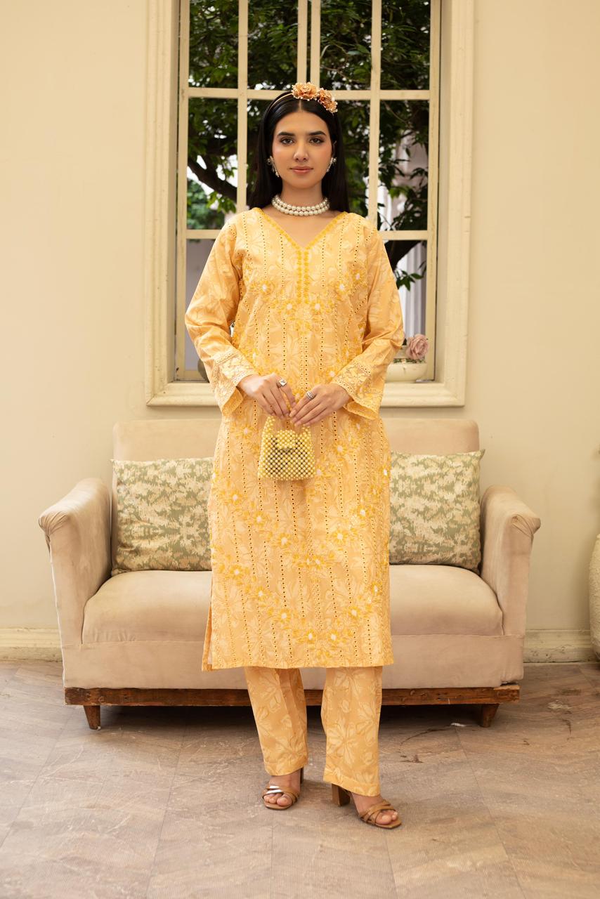 Golden Mustard Chickenkari Khaddar 3Pc with Motidana Handwork & Monaar Dupatta - Silk Rang