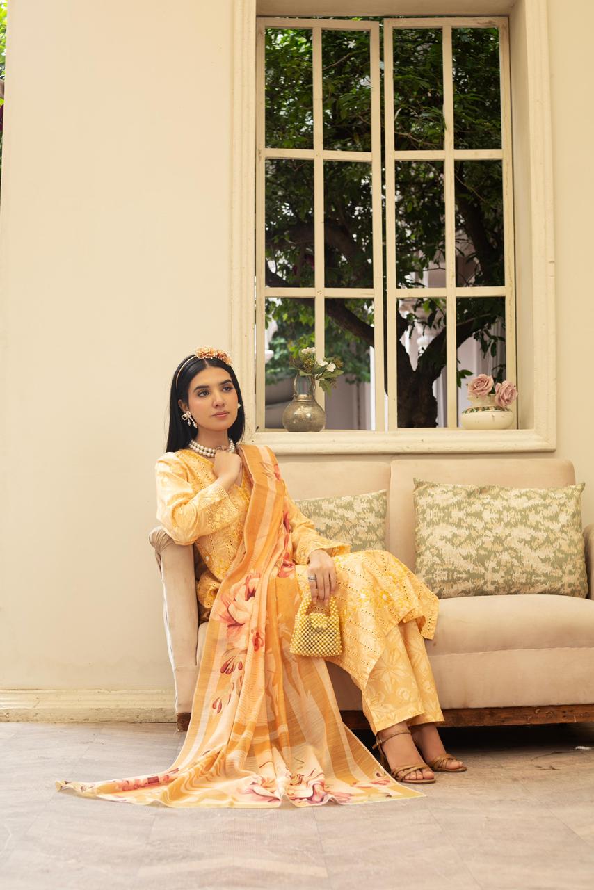 Golden Mustard Chickenkari Khaddar 3Pc with Motidana Handwork & Monaar Dupatta - Silk Rang
