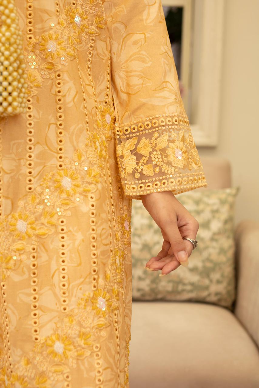 Golden Mustard Chickenkari Khaddar 3Pc with Motidana Handwork & Monaar Dupatta - Silk Rang