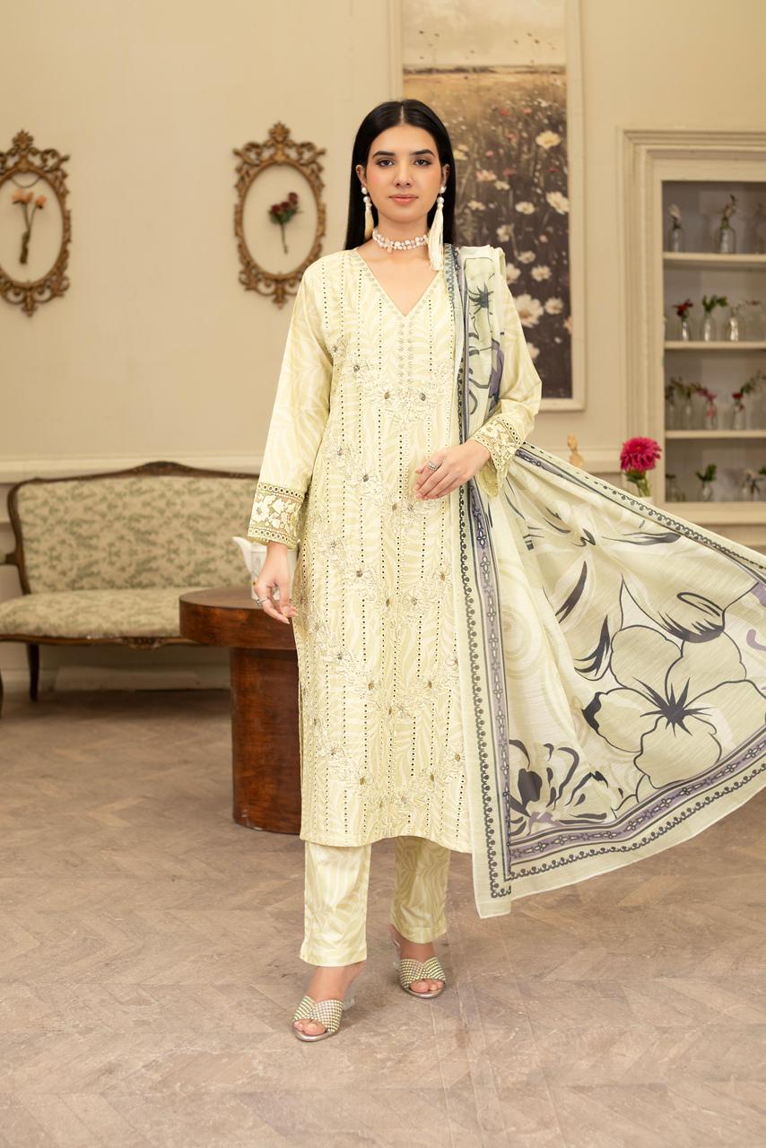Chickenkari Khaddar 3Pc with Motidana Handwork, Loose Fit Trouser & Manaar Printed Dupatta - Silk Rang