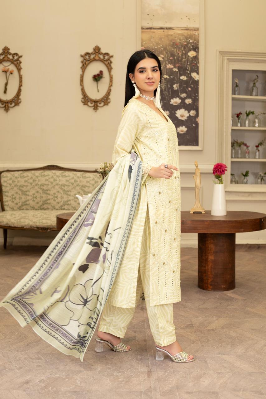 Chickenkari Khaddar 3Pc with Motidana Handwork, Loose Fit Trouser & Manaar Printed Dupatta - Silk Rang