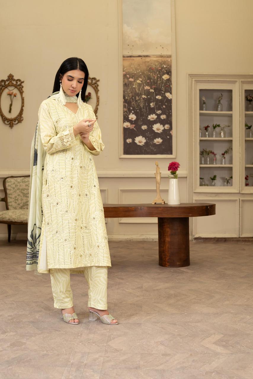 Chickenkari Khaddar 3Pc with Motidana Handwork, Loose Fit Trouser & Manaar Printed Dupatta - Silk Rang