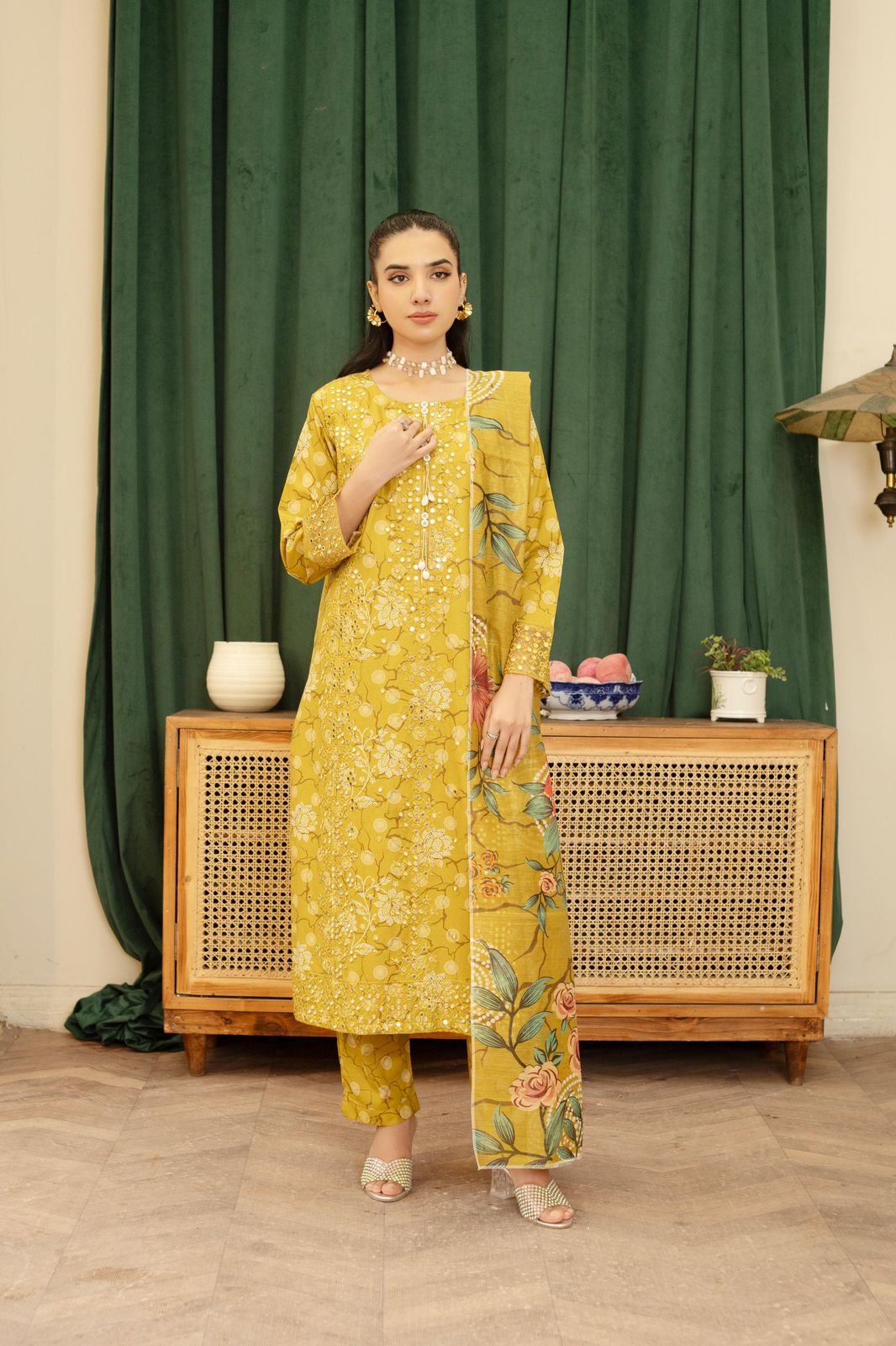 Mustard Khaddar 3Pc Embroidered Suit with Sitara Work, Matching Trouser & Manaar Dupatta - Silk Rang