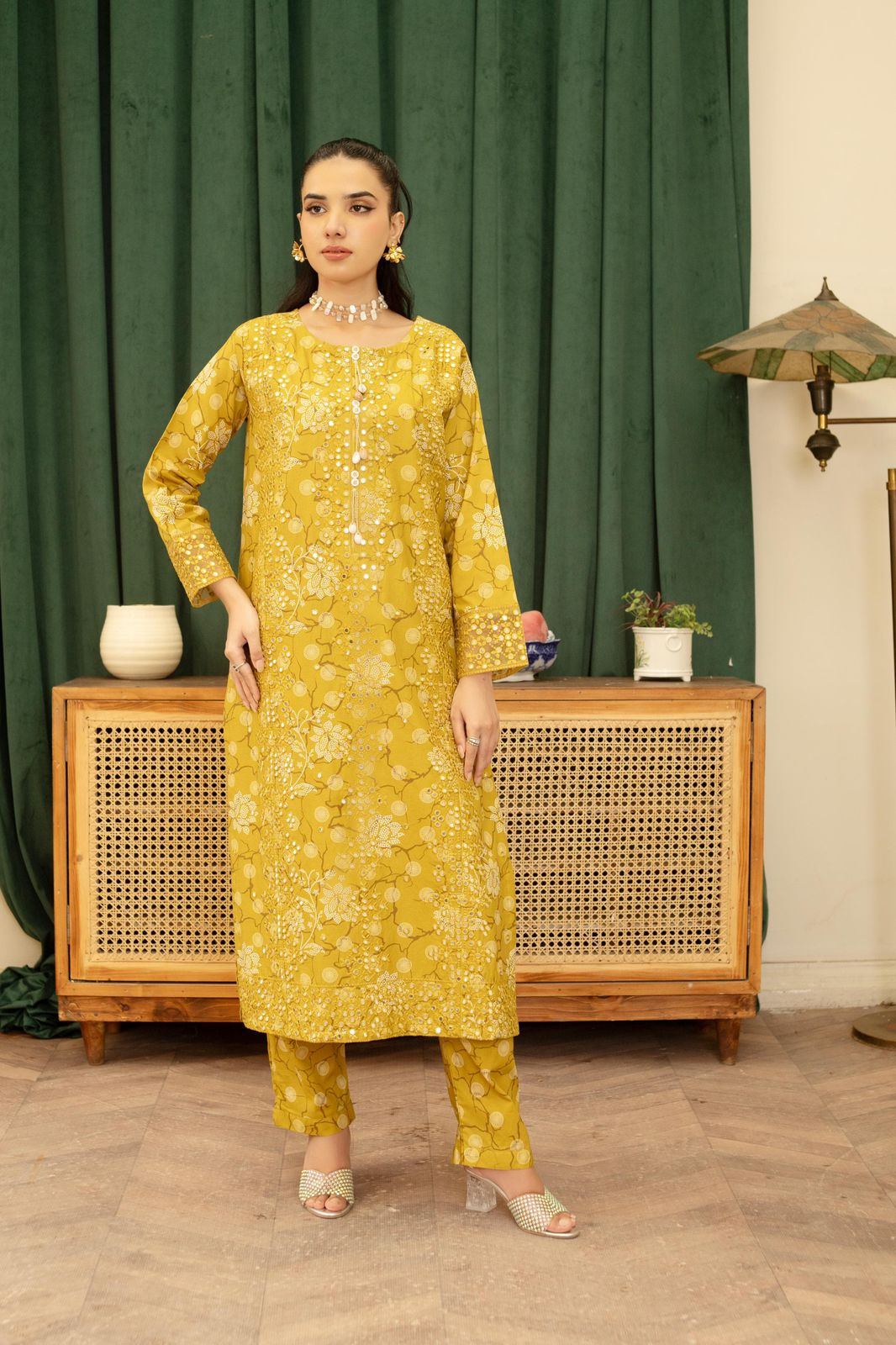 Mustard Khaddar 3Pc Embroidered Suit with Sitara Work, Matching Trouser & Manaar Dupatta - Silk Rang