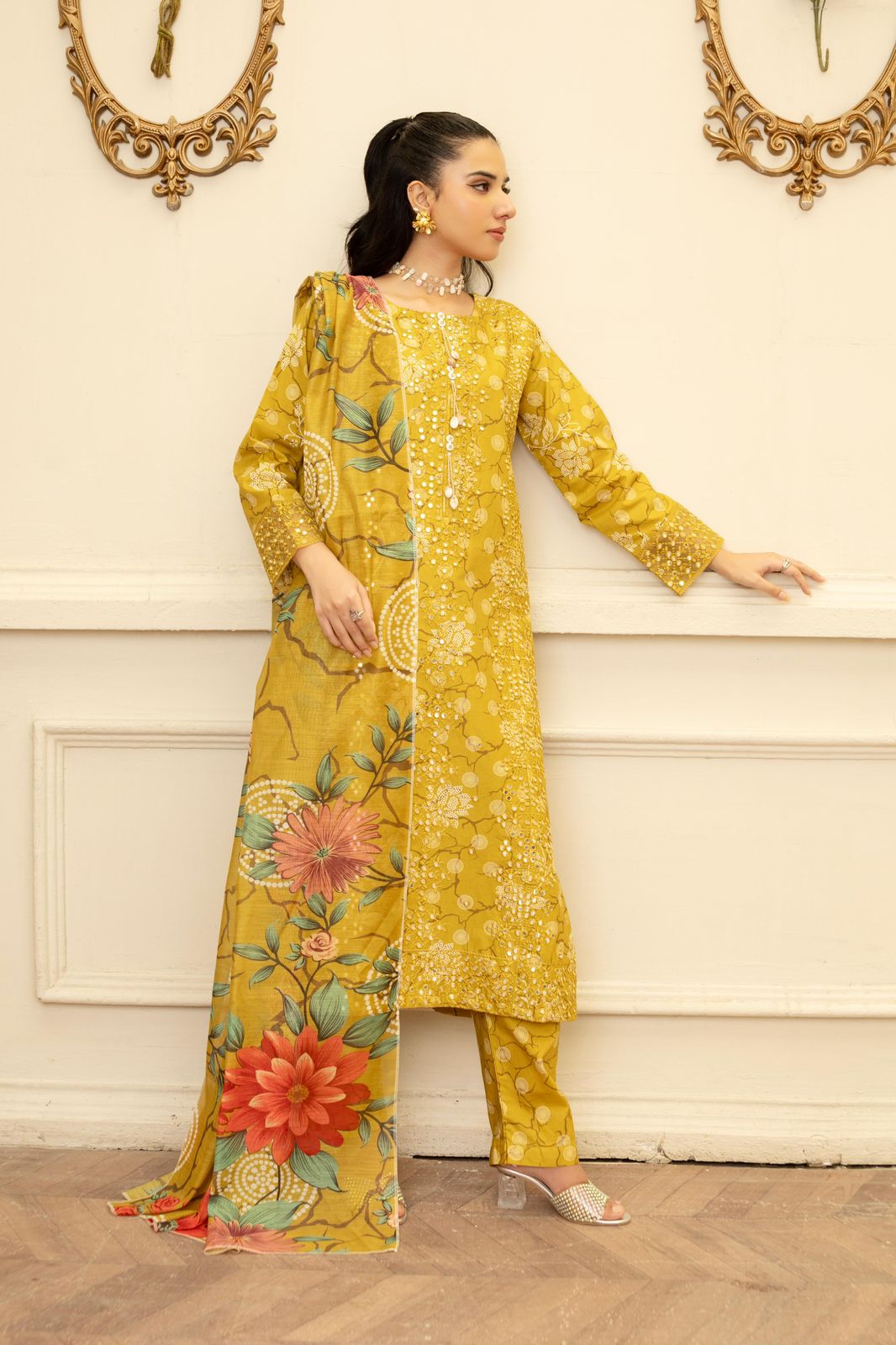 Mustard Khaddar 3Pc Embroidered Suit with Sitara Work, Matching Trouser & Manaar Dupatta - Silk Rang