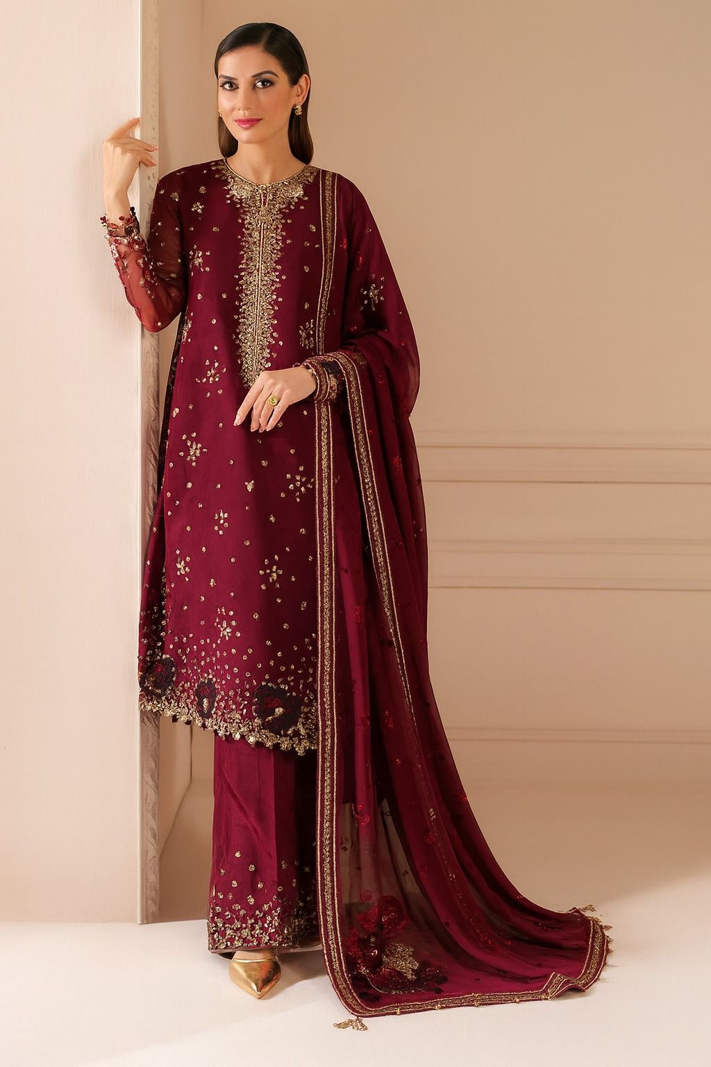 Chiffon Embroidered 3Pc Suit in Maroon with Silk Trouser & Chiffon Dupatta