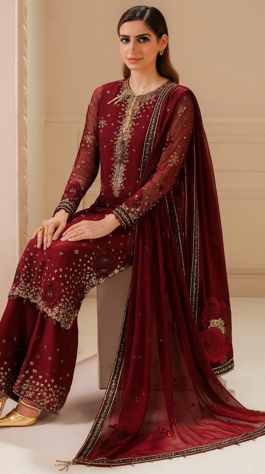 Chiffon Embroidered 3Pc Suit in Maroon with Silk Trouser & Chiffon Dupatta