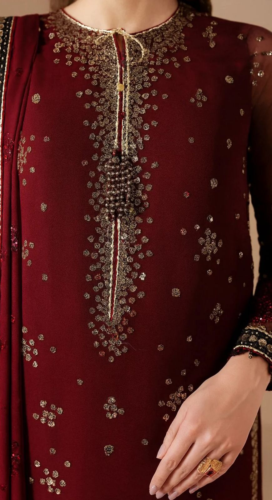Chiffon Embroidered 3Pc Suit in Maroon with Silk Trouser & Chiffon Dupatta