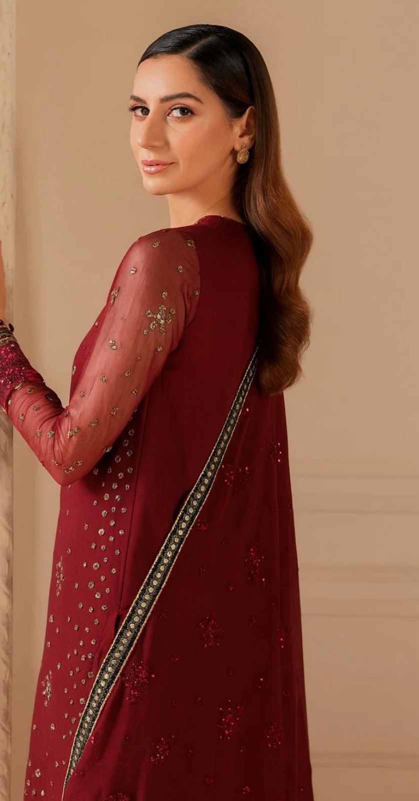 Chiffon Embroidered 3Pc Suit in Maroon with Silk Trouser & Chiffon Dupatta