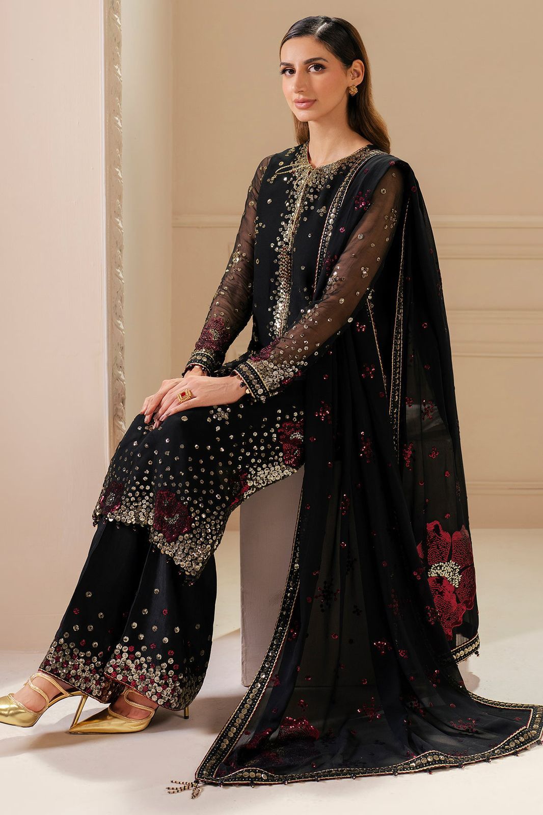 Luxury Black Chiffon Hand Embroidered 3Pc Suit with Silk Trouser & Chiffon Dupatta