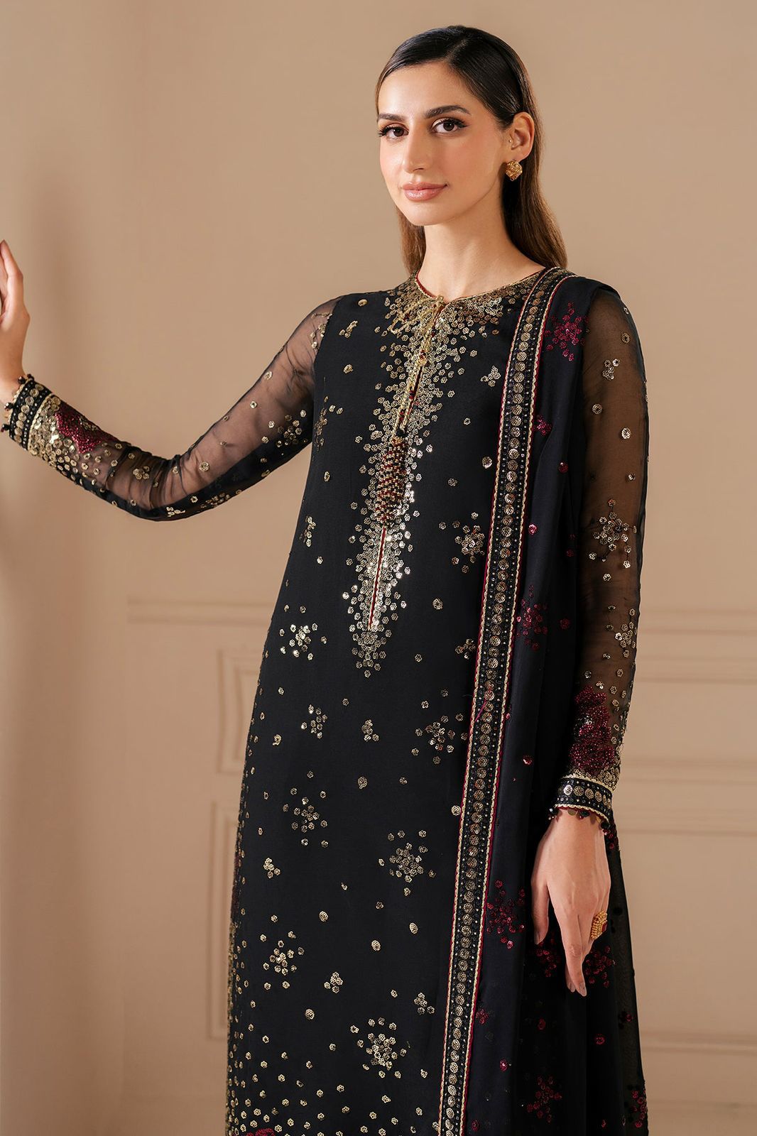 Luxury Black Chiffon Hand Embroidered 3Pc Suit with Silk Trouser & Chiffon Dupatta