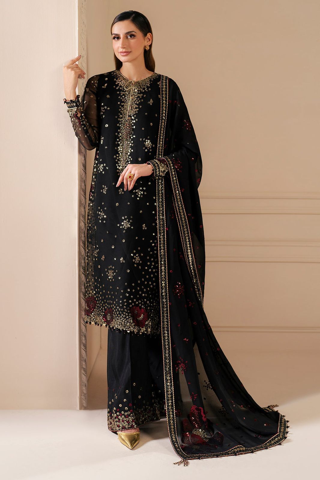 Luxury Black Chiffon Hand Embroidered 3Pc Suit with Silk Trouser & Chiffon Dupatta