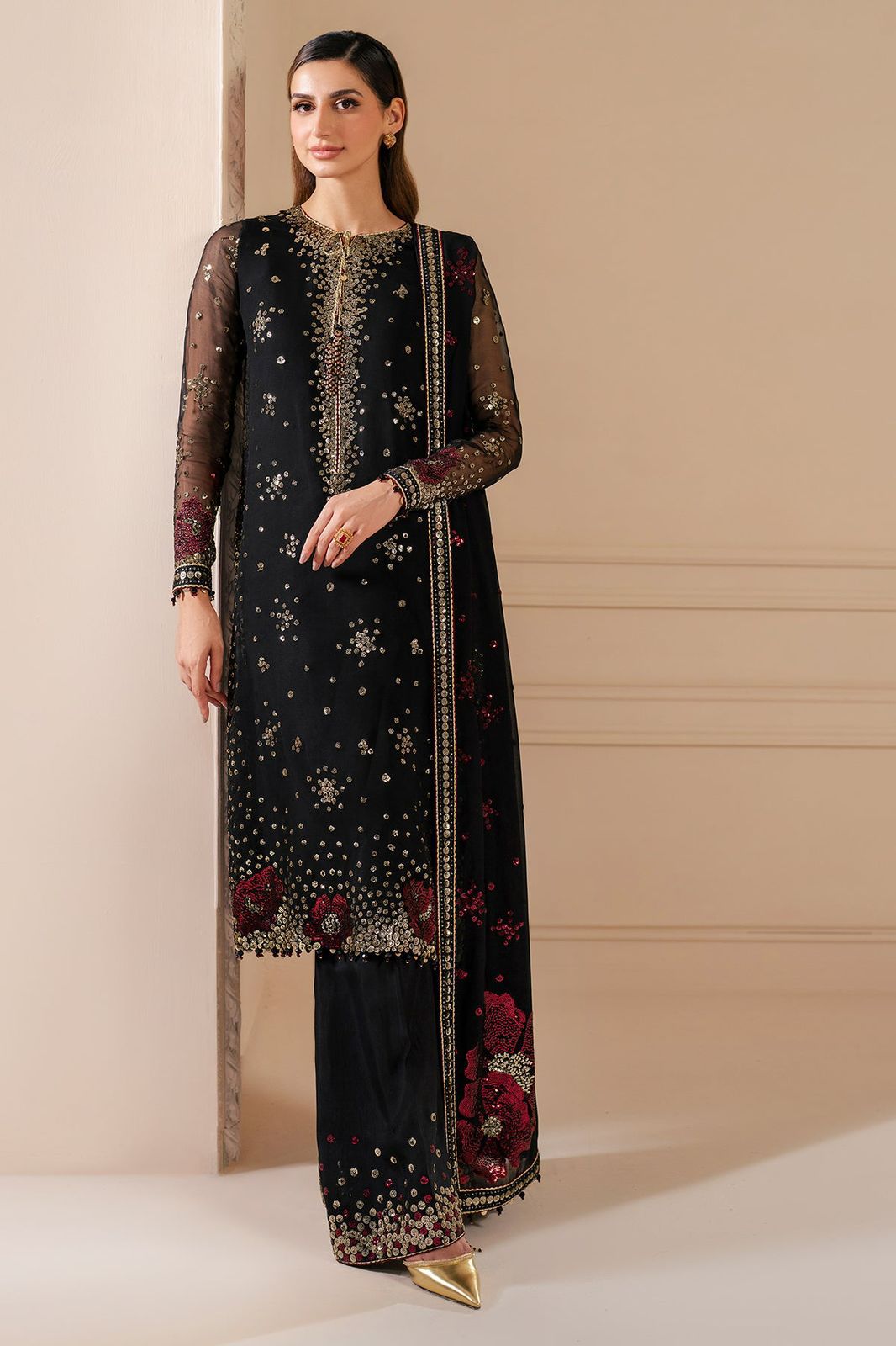 Luxury Black Chiffon Hand Embroidered 3Pc Suit with Silk Trouser & Chiffon Dupatta