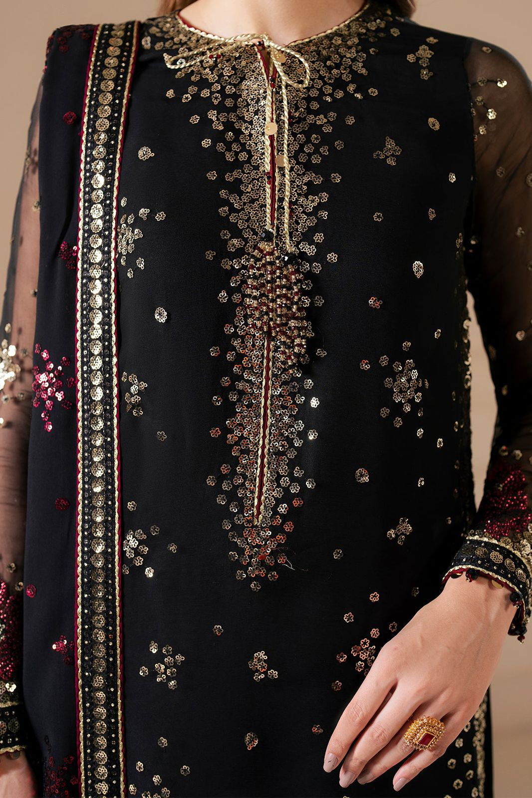 Luxury Black Chiffon Hand Embroidered 3Pc Suit with Silk Trouser & Chiffon Dupatta