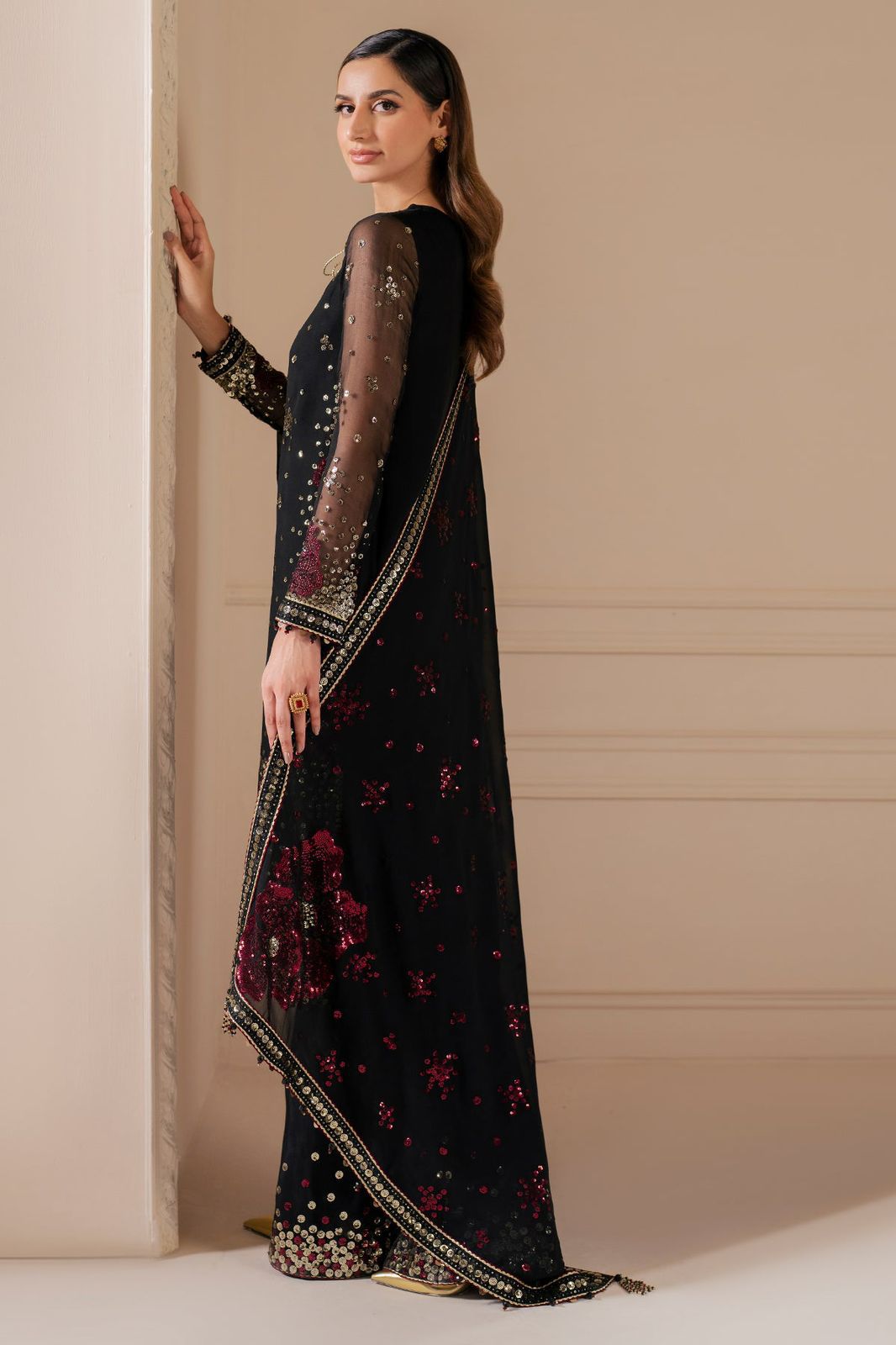 Luxury Black Chiffon Hand Embroidered 3Pc Suit with Silk Trouser & Chiffon Dupatta