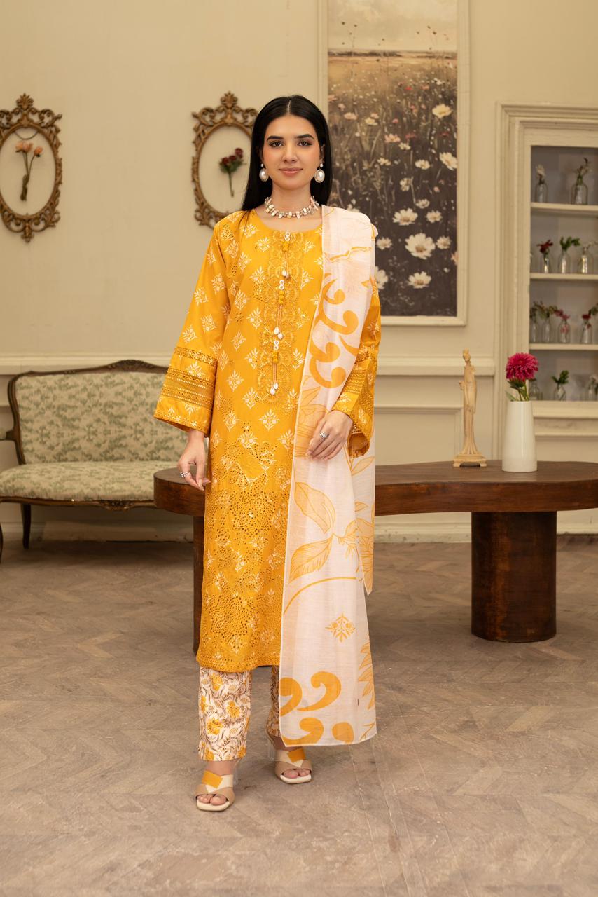 Mustard Winter Cotton Embroidered Suit with Chickankari Work, Printed Trouser & cotton Net Dupatta