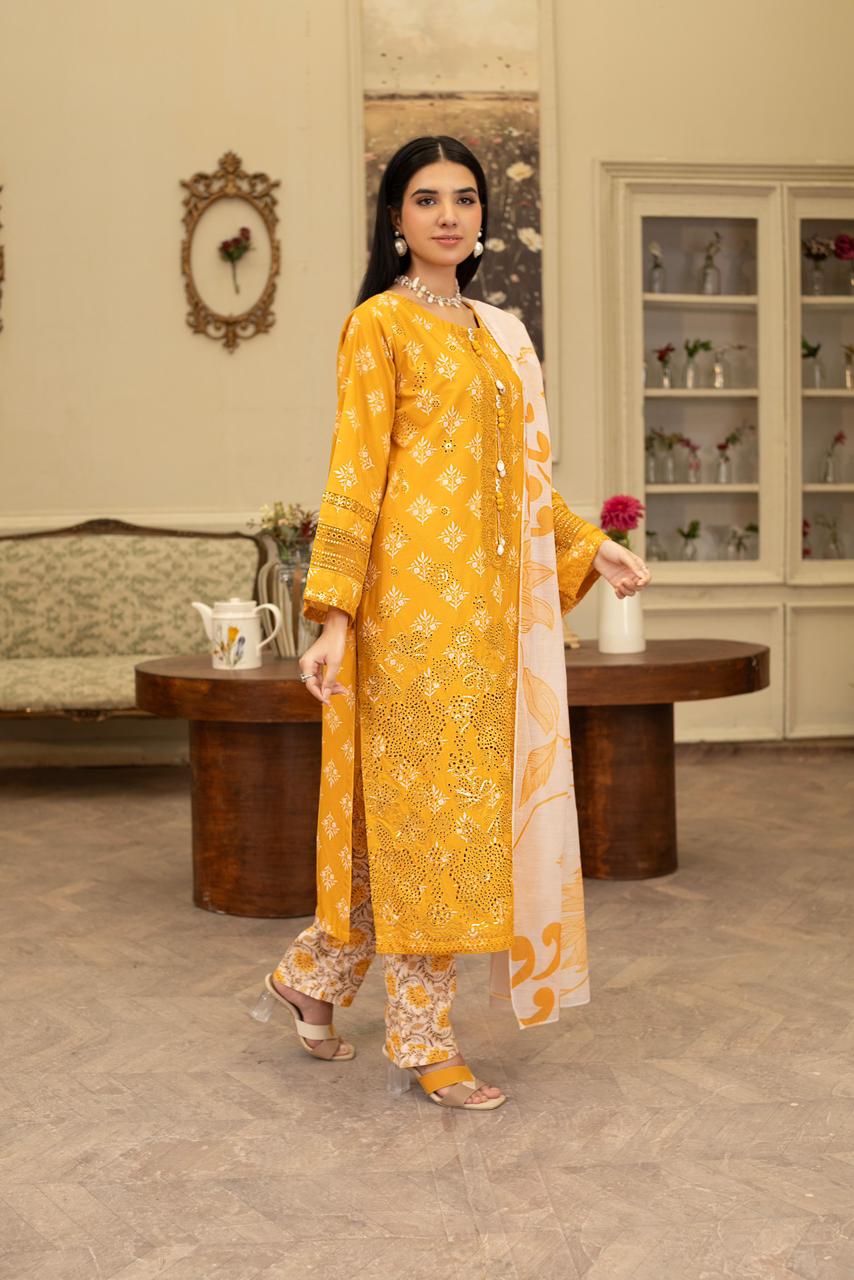 Mustard Winter Cotton Embroidered Suit with Chickankari Work, Printed Trouser & cotton Net Dupatta