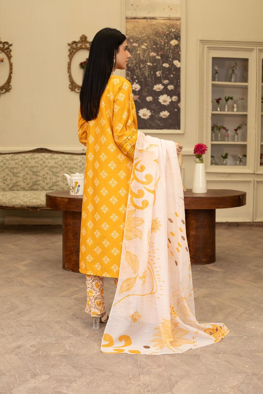 Mustard Winter Cotton Embroidered Suit with Chickankari Work, Printed Trouser & cotton Net Dupatta