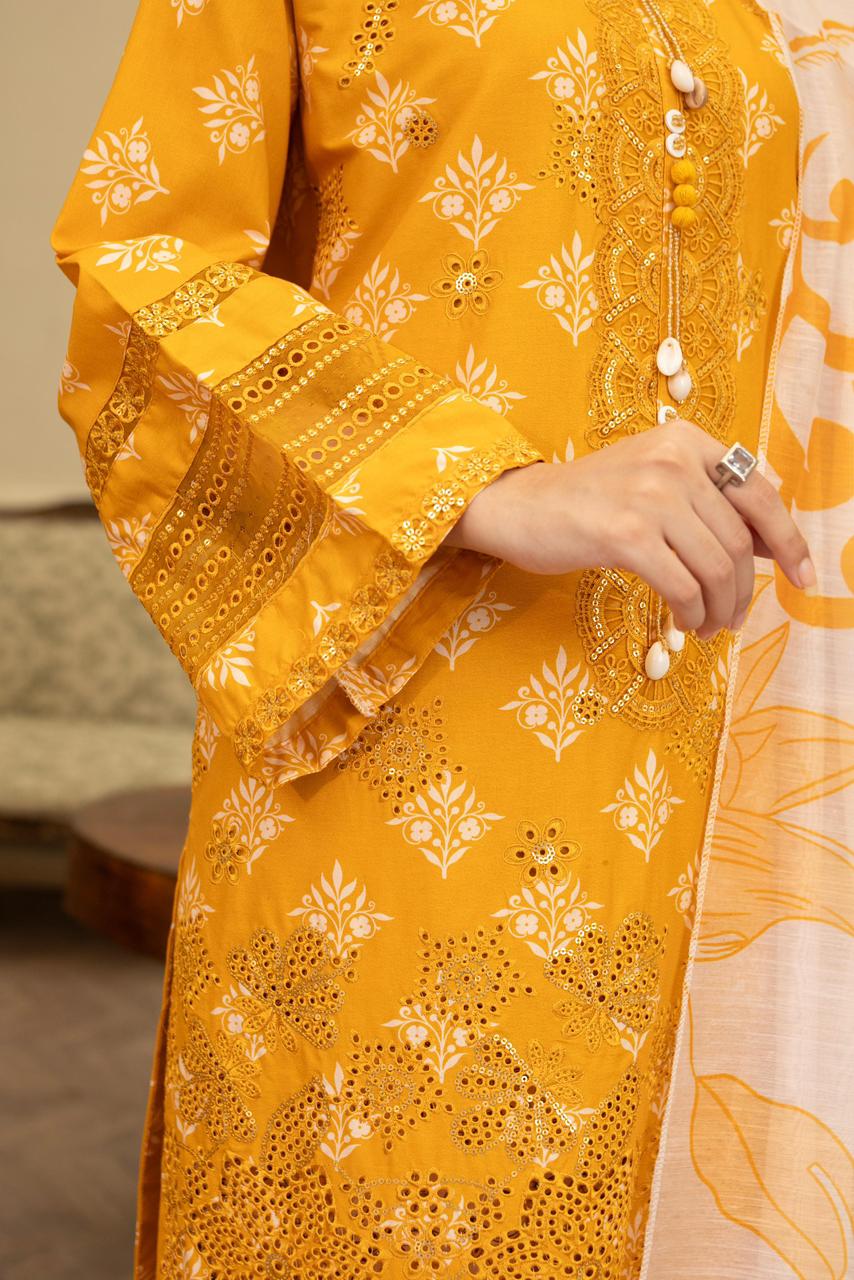 Mustard Winter Cotton Embroidered Suit with Chickankari Work, Printed Trouser & cotton Net Dupatta