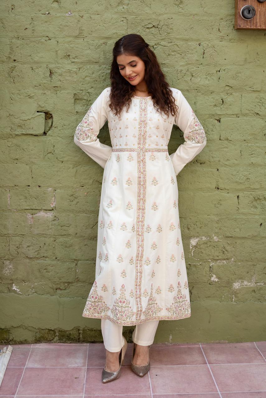 3 Piece Luxury Embroidered Cambric Half White Frock