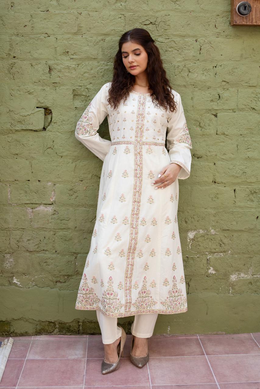 3 Piece Luxury Embroidered Cambric Half White Frock