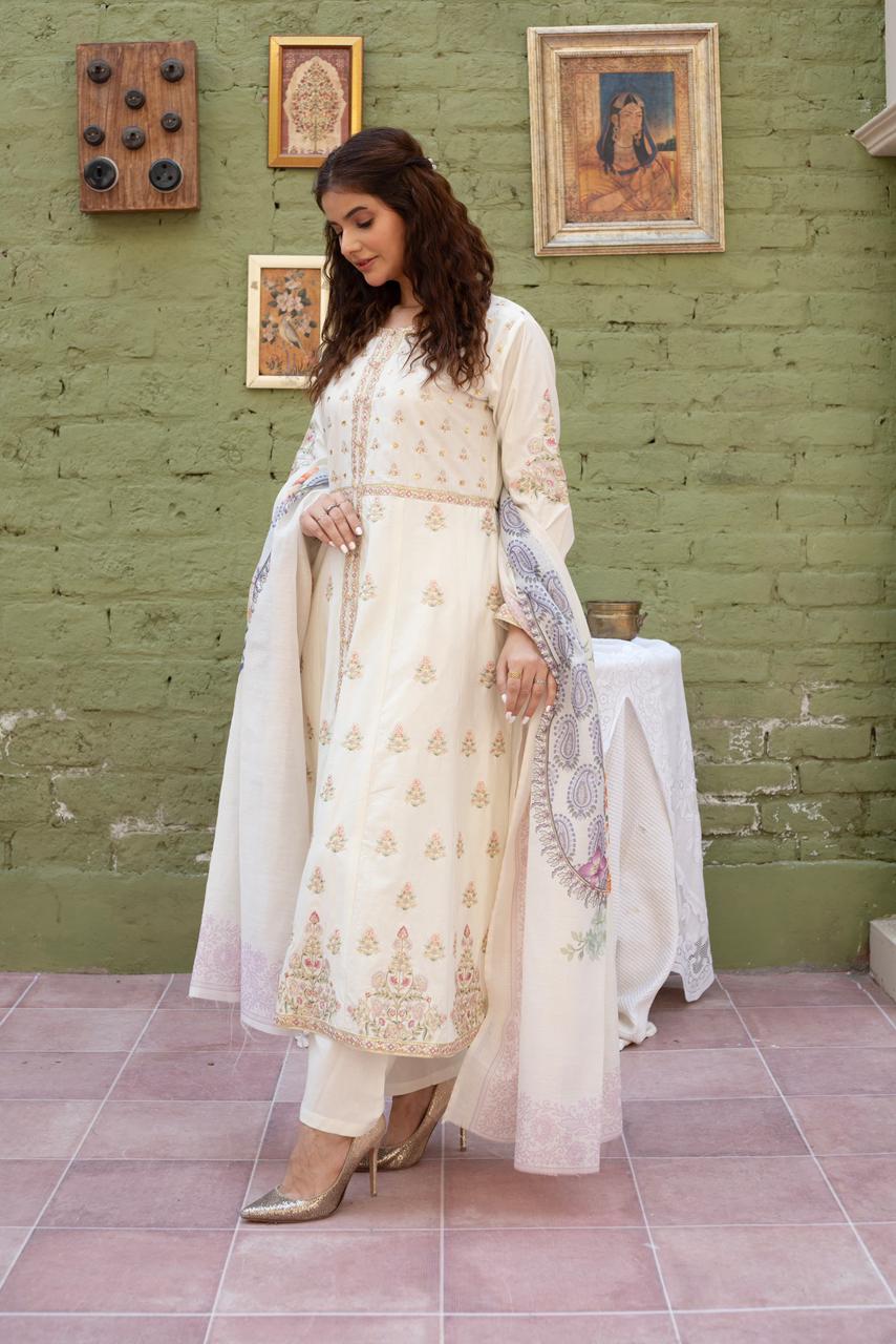 3 Piece Luxury Embroidered Cambric Half White Frock