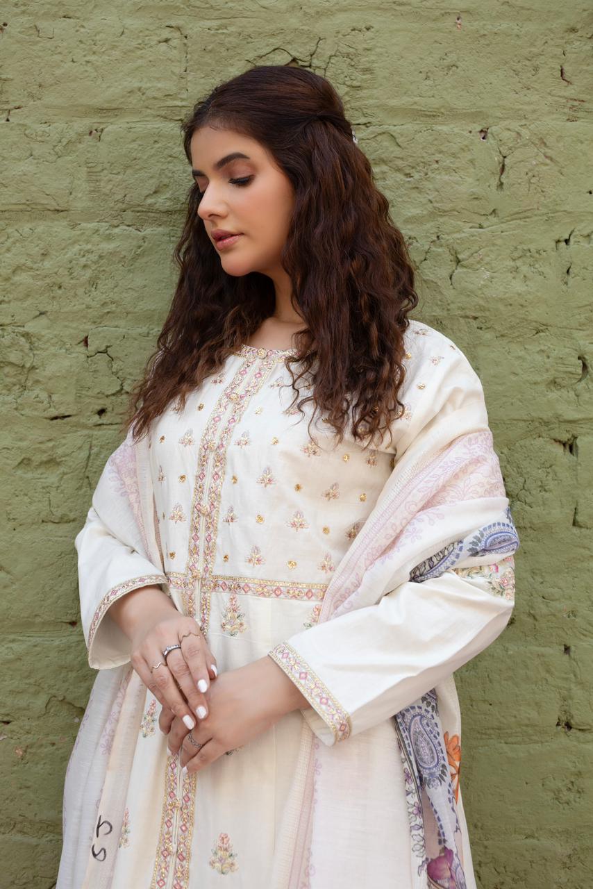 3 Piece Luxury Embroidered Cambric Half White Frock