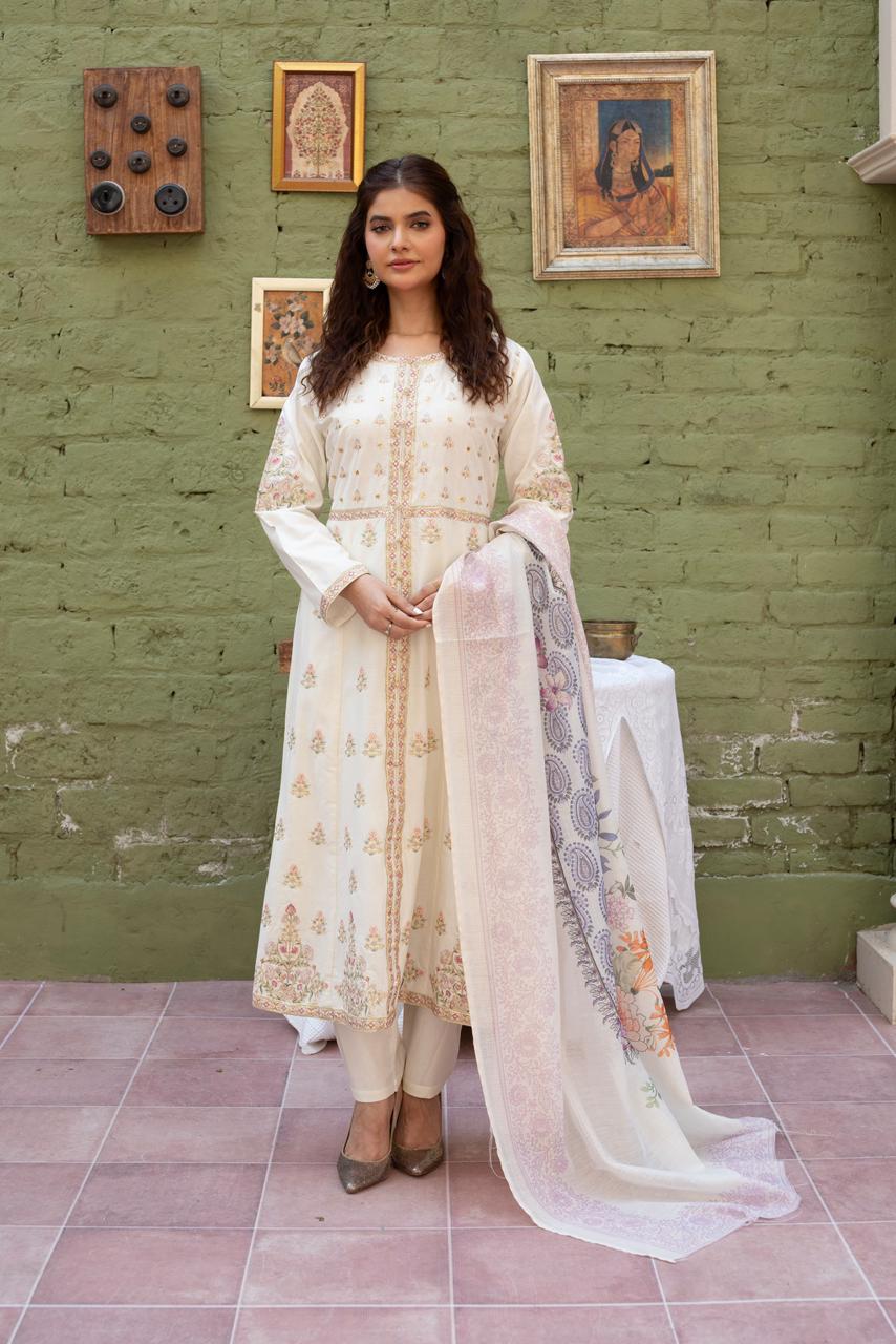 3 Piece Luxury Embroidered Cambric Half White Frock