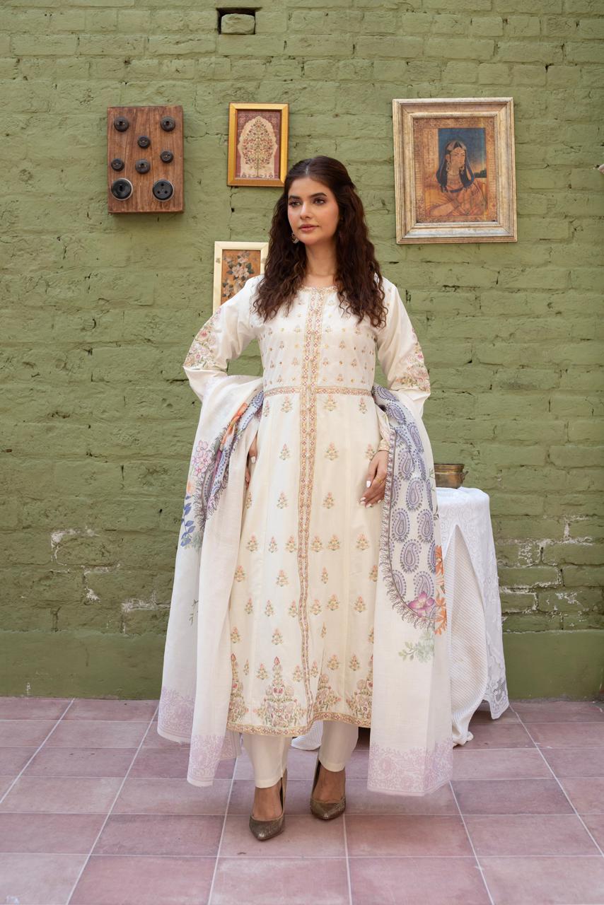 3 Piece Luxury Embroidered Cambric Half White Frock