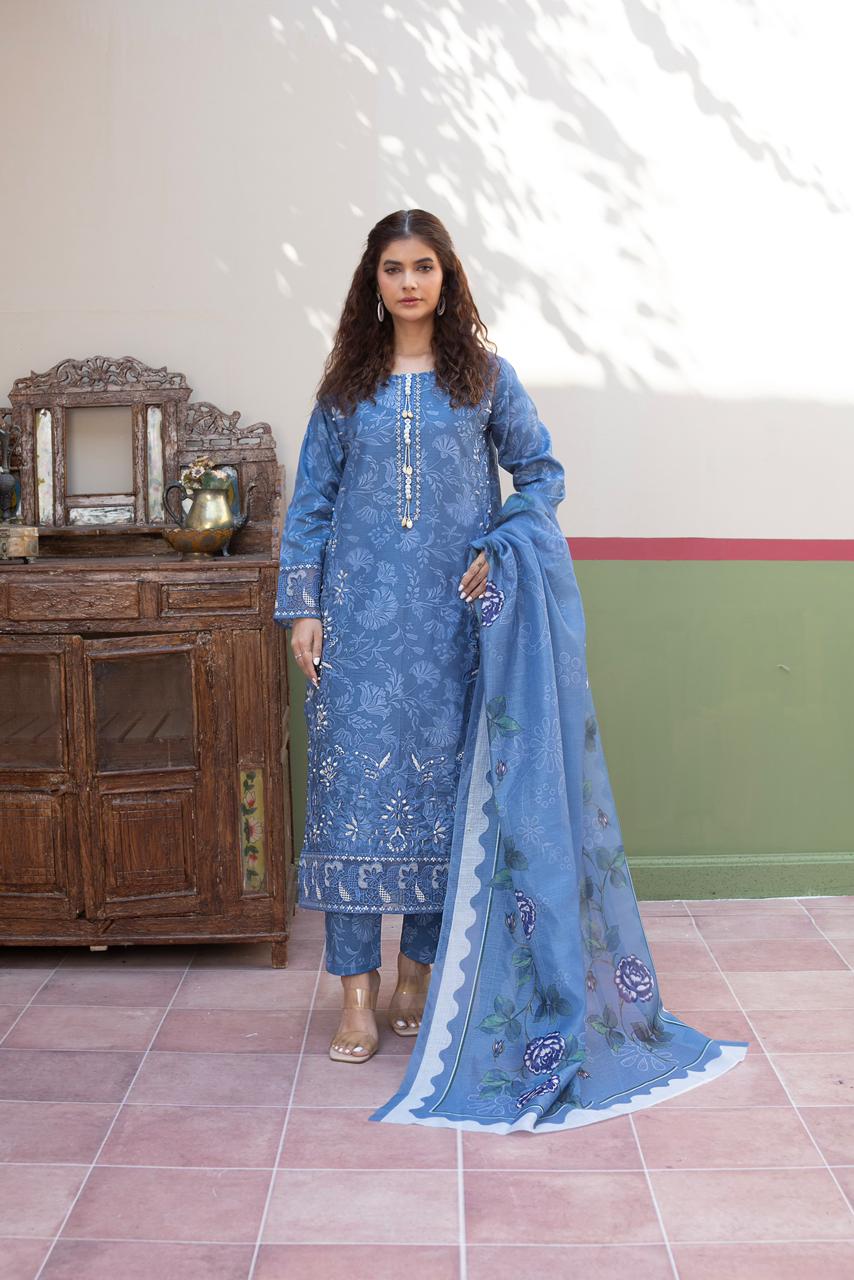 3 Piece Luxury Embroidered Cambric Blue Suit