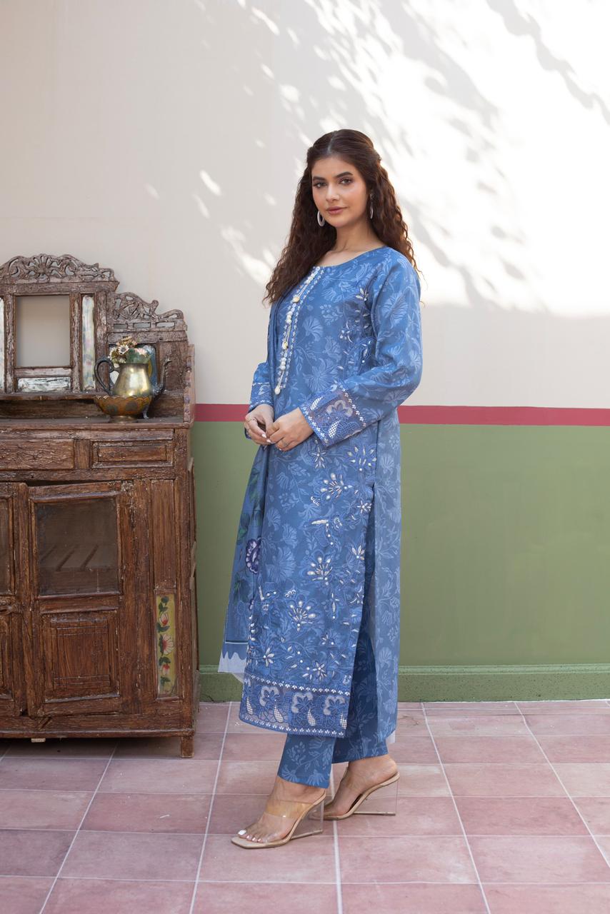3 Piece Luxury Embroidered Cambric Blue Suit