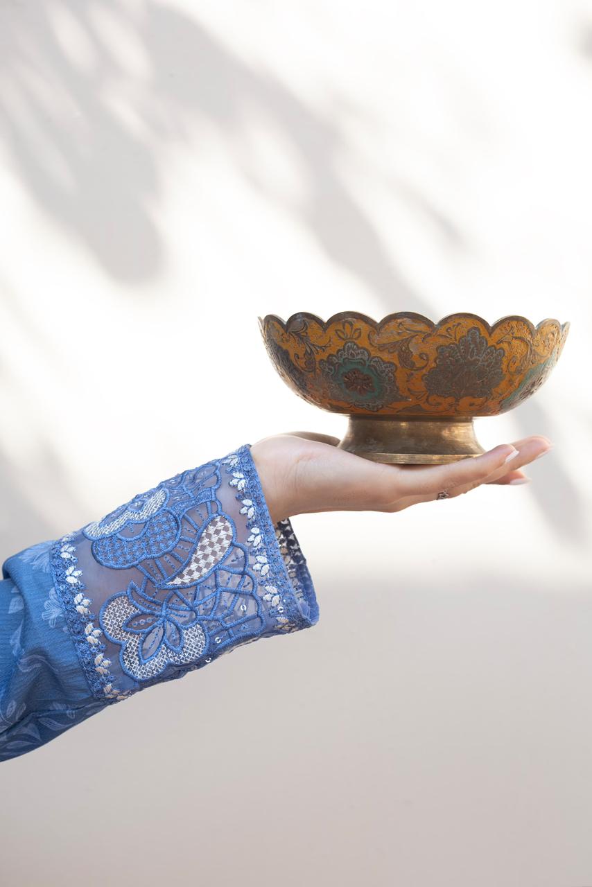 3 Piece Luxury Embroidered Cambric Blue Suit